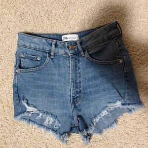 Zara Blue Jean Shorts Distressed High-Waisted